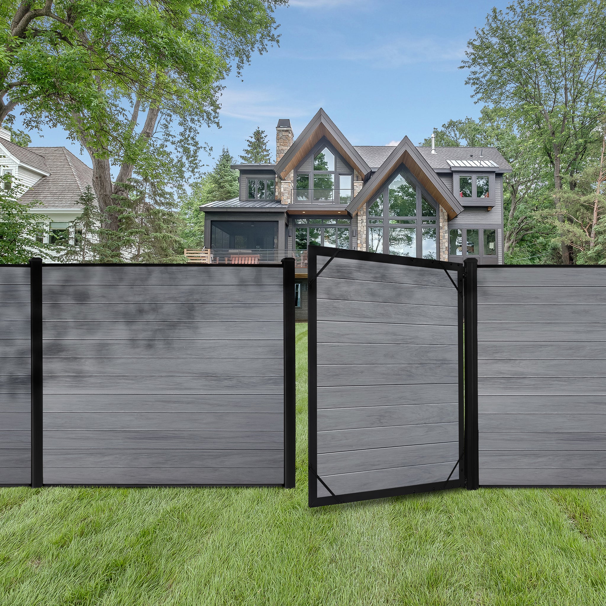 EverHome grey woodgrain vinyl fence with aluminum posts