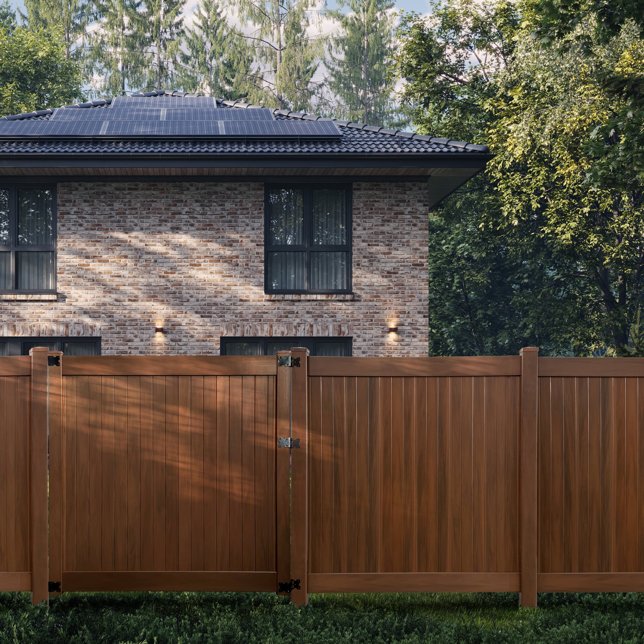 EverHome Mangrove brown woodgrain vinyl fence with gate